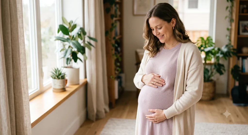 A warm, realistic, high-quality photo of a pregnant woman in her second trimester, gently holding her baby bump with both hands, wearing soft comfortable loose cotton maternity clothing in soft pastel colors, serene and reassuring expression, natural soft window lighting, clean minimal background, professional lifestyle photography style, calm and positive mood, perfect for a pregnancy health blog featured image.